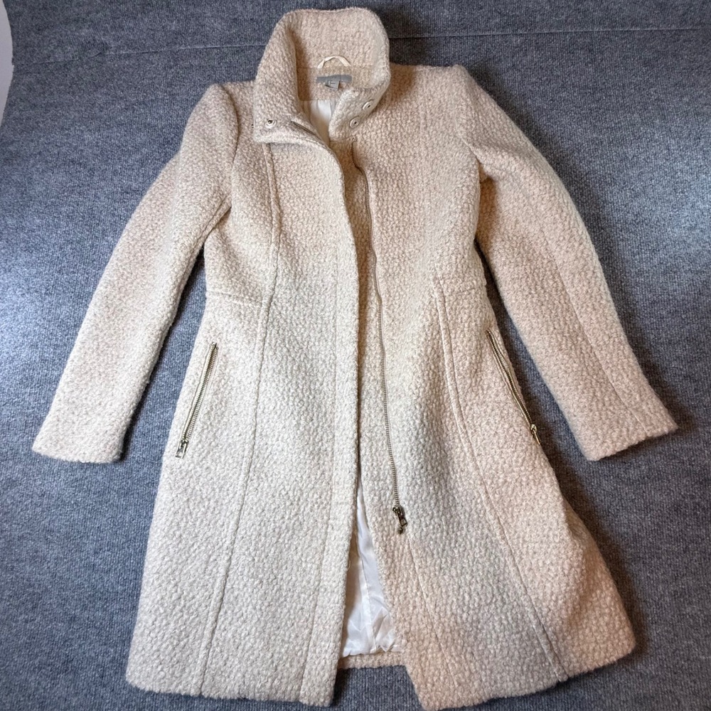 HM Womens Cream Wool Blend Boucle Asymmetrical Zip Funnel Neck Coat Size 6